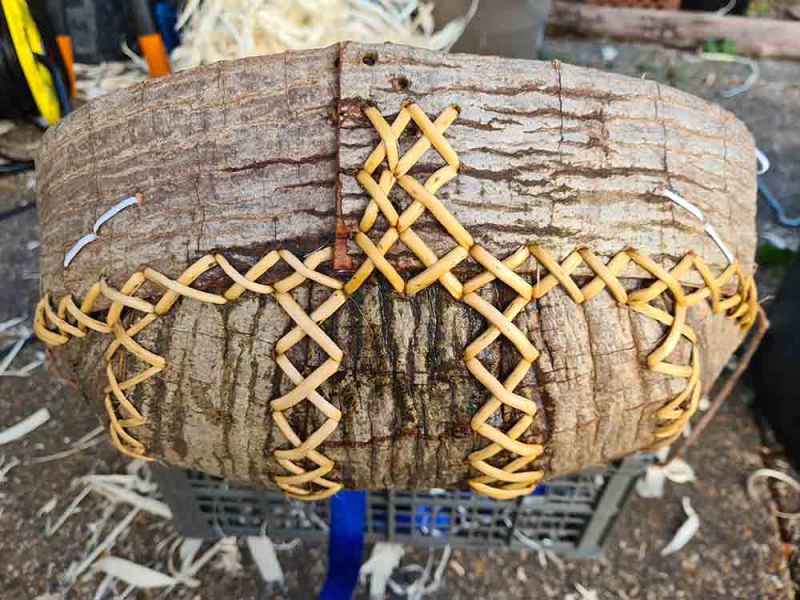Sweet chestnut trug root stitching